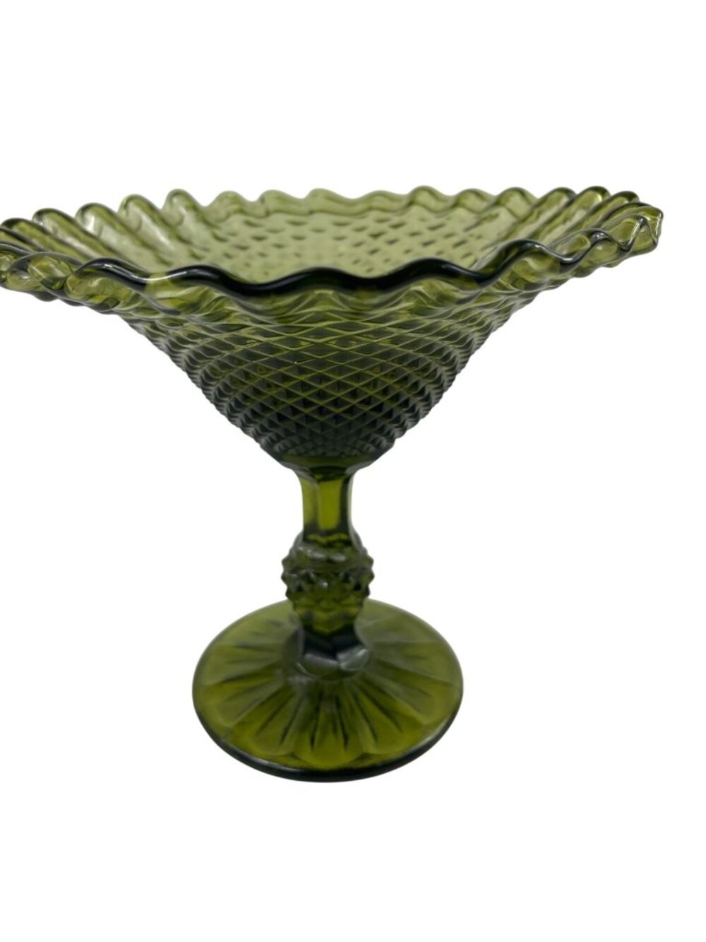 Vintage Green Glass Compote With Diamond Pattern & Ruffled Edge Pedestal Bowl - Picture 5 of 11